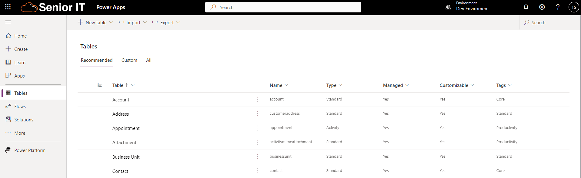 dataverse tables