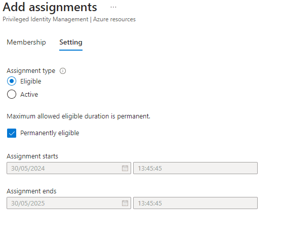 azure role pim assignment settings