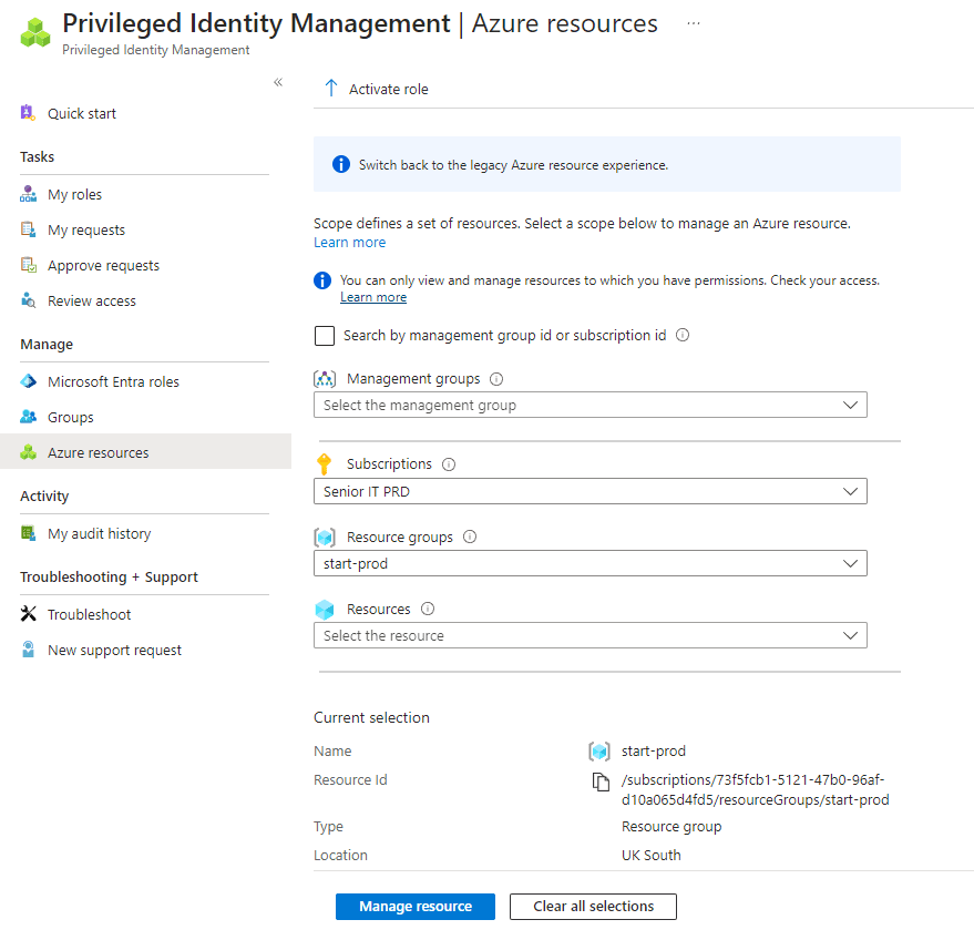 azure role for PIM manage resource screen