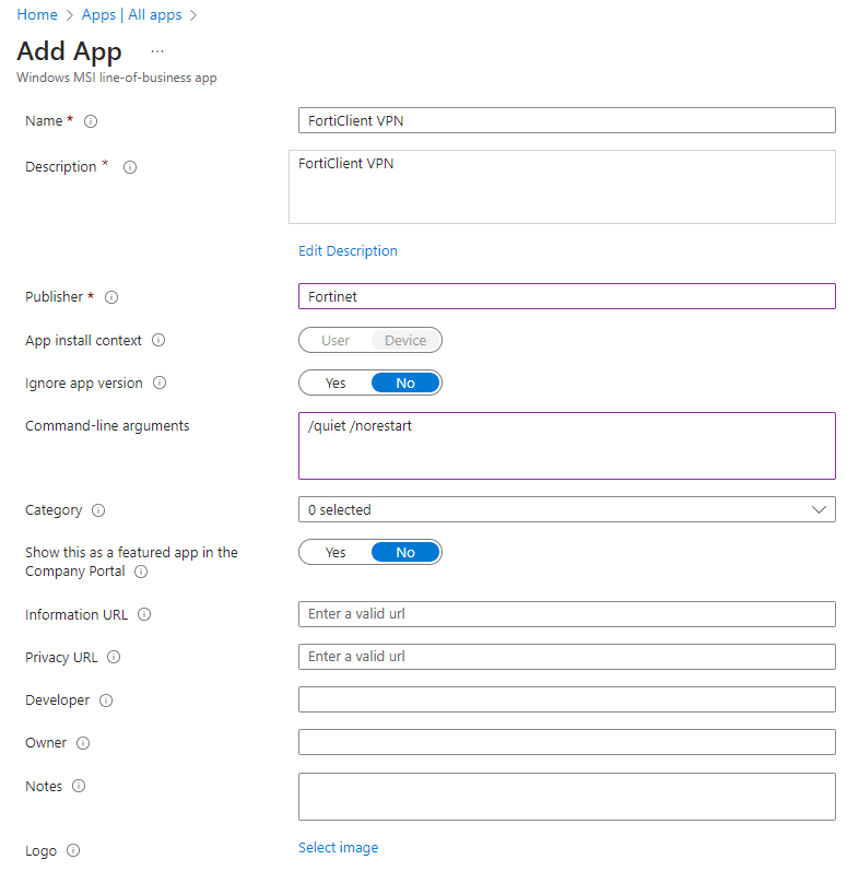 add application to intune