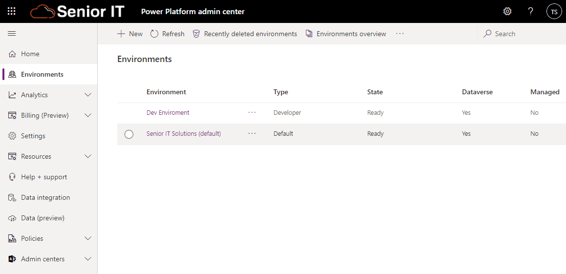 Power Platform admin center environments