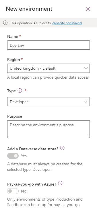 New Environment Pane